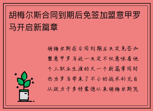 胡梅尔斯合同到期后免签加盟意甲罗马开启新篇章 胡梅尔斯合同到期后免签加盟意甲罗马开启新篇章